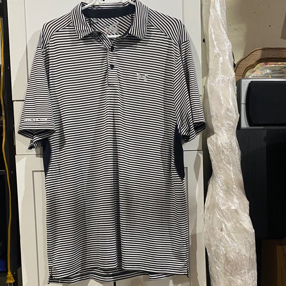 Under Armour Black and White Polo Shirt Classic Stripes Coldblack